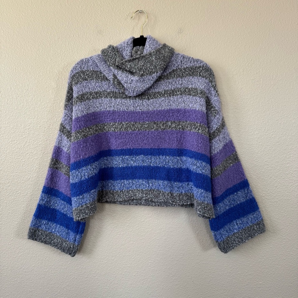Gray, purple, and blue striped cropped turtleneck flare sleeve sweater